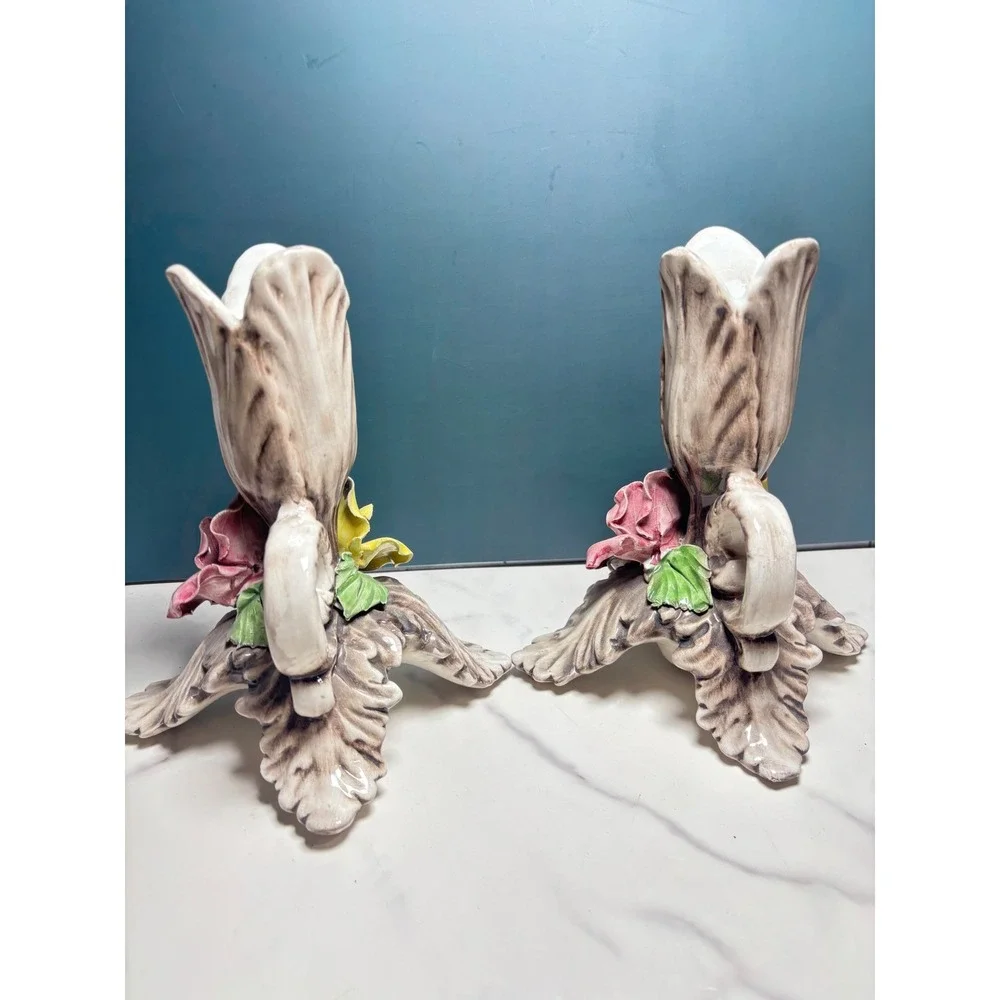 Vintage Capodimonte Italy Ceramic Floral Candlestick Holders Pair 7